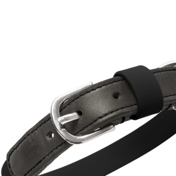 Nahaufnahme eines grauen Lederhalsbands mit silberner Metallschnalle, schwarzem Gummikeeper und dunkel kontrastierenden Nähten.