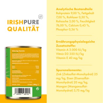 Dosenhaustierfutter mit der Aufschrift "Irish Pure Qualität", mit Nährwertanalyse und hinzugefügten Vitaminen A, D3 und E, mit detaillierten Zutaten.