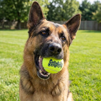 Deutscher Schäferhund hält einen gelben Tennisball mit blauem 'Squeak'-Schriftzug in einem sonnigen, grasbewachsenen Garten.