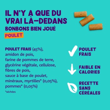 Emballage de friandises pour animaux avec "IL N'Y A QUE DU VRAI LÀ-DEDANS" et des détails sur le poulet frais, faible en calories et des ingrédients sans céréales.