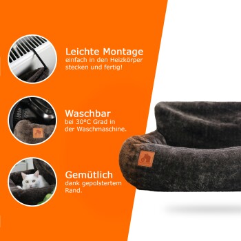Gemütliches Plüschhaustierbett mit den Etiketten "Leichte Montage", "Waschbar bei 30°C" und "Gemütlich".