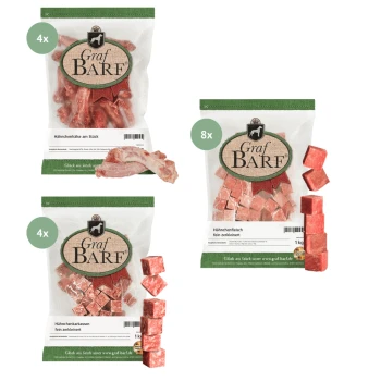 Vier- und Acht-Packs von Graf BARF rohem Hühnerfutter für Hunde in durchsichtigen Beuteln mit sichtbaren Fleischstücken und Würfeln.