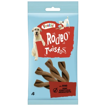 Niebieskie opakowanie przysmaków Frolic Rodeo Twistos dla psów z dwoma psami i skręconymi gryzakami; widoczny tekst: Frolic, Rodeo Twistos, mit RIND, x6.