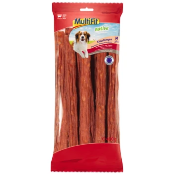 Red package of Multifit native dog chews with long beef sticks, featuring "native" and "Kaustangen," weighing 400g.