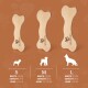 Drei hölzerne Hundekauspielzeuge in Knochenform, beschriftet mit S, M und L, mit Größen-, Gewicht- und empfohlenen Hundewichtdetails darunter.