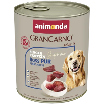 Blik Animonda GranCarno hondenvoer, 'Single Protein Ross PUR Pure Horse' etiket met afbeelding van een golden retriever, 'Adult 1+'.