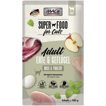 MAC's Super Food für Katzen Verpackung mit "Adult Ente & Geflügel" (Ente & Geflügel) mit Apfel und Katzenminze, getreidefrei, hoher Fleischanteil.
