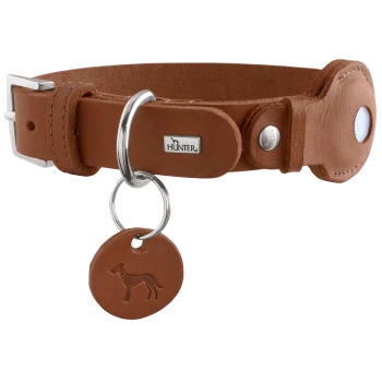 Braunes Lederhalsband mit Metallverschluss und D-Ring, runde Lederplakette mit eingeprägter Hundesilhouette und HUNTER-Logo.