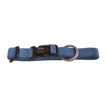 Blaues verstellbares Nylon-Hundehalsband mit schwarzer Kunststoffschnalle, beschriftet mit „Wolters“ und Metall-D-Ring.