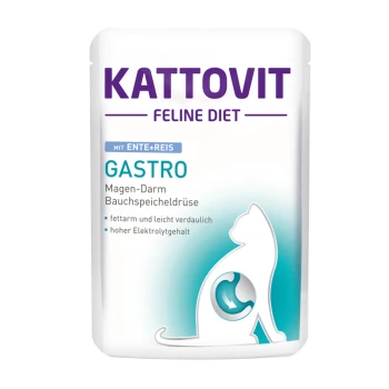 Kattovit Feline Diet Gastro zak met een katten silhouet, gelabeld "mit Ente+Reis," met nadruk op laag vet en hoog elektrolytgehalte.