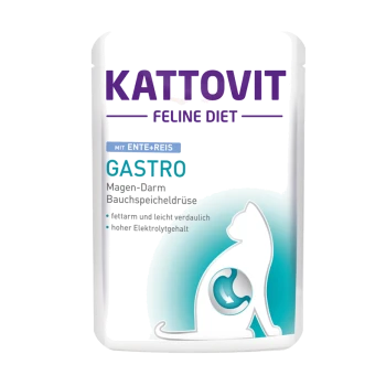 Poche Kattovit Feline Diet Gastro avec une silhouette de chat, étiquetée "mit Ente+Reis," mettant en avant faible teneur en matières grasses et haute teneur en électrolytes.