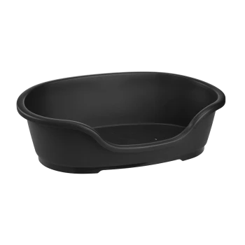 Schwarzes Kunststoff-Hundebett mit ovaler Form und erhöhten Rändern, mit flachem Boden und Ablauflöchern.