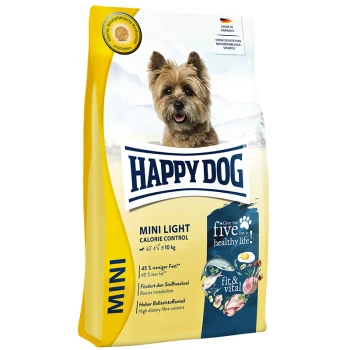 Ein Sack Happy Dog Mini Light Hundefutter mit einem kleinen Hund auf der Vorderseite, mit Text, der die Kalorienkontrolle und Gesundheitsvorteile hervorhebt.
