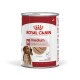 Karma w puszce dla psów od Royal Canin, oznaczona jako "średni dorosły", odpowiednia dla psów powyżej 12 miesiąca życia, z teksturą musowatą.