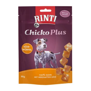 Rinti Chicko Plus Hundeleckerli-Verpackung mit einer kleinen Hundillustration, mit dem Text "100% Huhn mit herzhaftem Käse" und "Käse-Würfel."