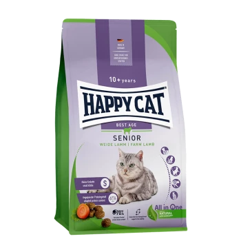 Happy Cat Senior Trockenfutter für Katzen über 10 Jahre, mit Lamm vom Bauernhof, kleinen Kroketten und einer Katze auf der Verpackung.