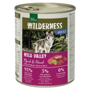 WILDERNESS Adult Wild Valley Cheval et Bœuf 6x800 g Une boîte de nourriture pour chiens Real Nature Wilderness avec une étiquette de loup, "Wild Valley Pferd & Rind" (Cheval & Bœuf), 95% de viande, 5% de fruits et d'herbes.