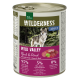 Eine Dose Real Nature Wilderness Hundefutter mit einem Wolfsetikett, "Wild Valley Pferd & Rind," 95% Fleisch, 5% Früchte und Kräuter.