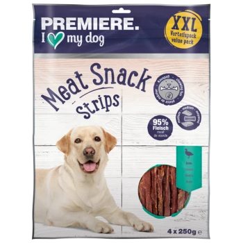 Premiere I Love My Dog Fleischsnack-Streifen, XXL-Wertpack, mit 95% Fleisch, mit Geschmacksrichtungen einschließlich Ente, verpackt in 4x250g.