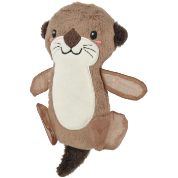 Loutre en peluche brune au ventre crème, visage brodé, joues roses, nageoires en mesh et queue duveteuse.