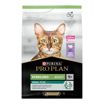 Purina Pro Plan Sterilised Adult kattenvoer, met een close-up van het gezicht van een kat, gelabeld 'Renal Plus' en 'No. 1 ingredient turkey.'