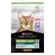 Nourriture pour chat adulte stérilisée Purina Pro Plan, avec un gros plan du visage d'un chat, étiqueté "Renal Plus" et "Ingrédient n° 1 dinde."