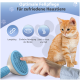 Eine Hand hält eine blaue Bürste neben einer Katze, mit Text: "Langlebig," "Einfache Reinigung," und "Sanft zu Haut und Fell."