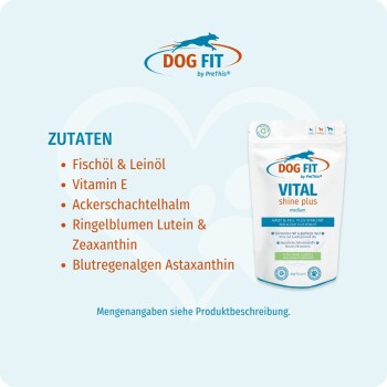 DOG FIT-Logo und VITAL Shine Plus Hundesupplement-Beutel mit deutscher Zutatenliste (Fischöl & Leinöl, Vitamin E u. a.).