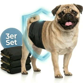 Ein Dalmatiner-Hund trägt eine blaue Haustierwindel und steht neben drei bunten Haustierwindeln in Blau, Grün und Schwarz, beschriftet "3er-Set."