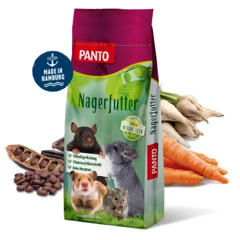 Eine Tüte PANTO Nagerfutter für Kleintiere, die eine Ratte, eine Maus und einen Hamster zeigt, mit frischem Gemüse darum herum.