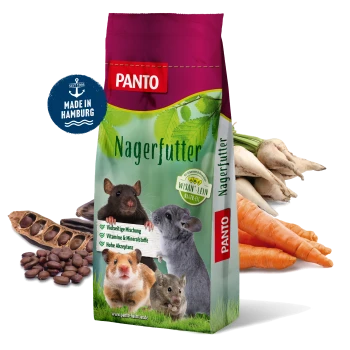 Eine Tüte PANTO Nagerfutter für Kleintiere, die eine Ratte, eine Maus und einen Hamster zeigt, mit frischem Gemüse darum herum.