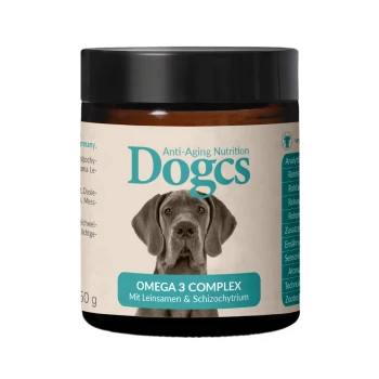 Braunes Glas mit der Aufschrift "Dogcs Anti-Aging Nutrition" und einem Bild eines grauen Hundes, mit "OMEGA 3 KOMPLEX Mit Leinsamen & Schizochytrium."
