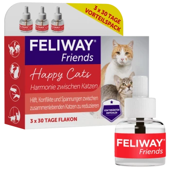 FELIWAY Friends 'Happy Cats' Nachfüllpack für Diffuser mit zwei Katzenabbildungen und einer Nachfüllflasche. Sichtbarer Text: 'FELIWAY Friends', '3 x 30 Tage'.