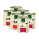 Sechs Dosen Real Nature Haustierfutter mit Geschmacksrichtungen wie Rind und Wild sowie Reh und Huhn, gekennzeichnet mit "Erwachsene" und Zutatenangaben.
