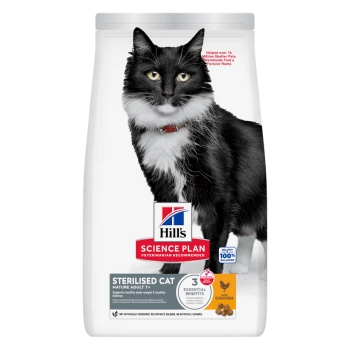 Zak Hill's Science Plan kattenvoer met zwart-witte kat, gelabeld 'Sterilised Cat Mature Adult 7+' en met kip