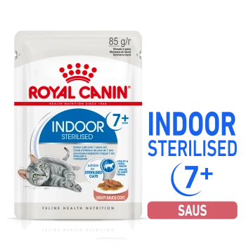 Royal Canin Indoor Sterilised kattenvoer voor katten ouder dan 7 jaar, met een illustratie van een grijze kat, 85g verpakking, en de tekst 'Gravy Sauce.'