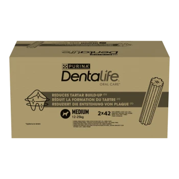 Purina Dentalife Oral Care Hundesnack-Box, mittlere Größe 12-25kg, reduziert Zahnsteinbildung, 2 Packungen mit je 42 Sticks.