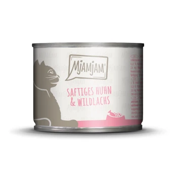 Eine Dose Mjamjam Katzenfutter mit einer grauen Katzensilhouette, beschriftet mit "Saftiges Huhn & Wildlachs".