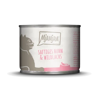 Eine Dose Mjamjam Katzenfutter mit einer grauen Katzensilhouette, beschriftet mit "Saftiges Huhn & Wildlachs".