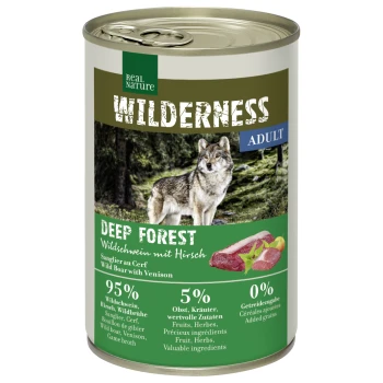 Eine Dose "WILDERNESS ADULT DEEP FOREST" Haustierfutter mit einem Wolf-Bild, das 95% Wildschwein und Wildfleisch, 5% Früchte und Kräuter enthält.
