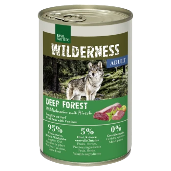 Eine Dose "WILDERNESS ADULT DEEP FOREST" Haustierfutter mit einem Wolf-Bild, das 95% Wildschwein und Wildfleisch, 5% Früchte und Kräuter enthält.