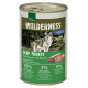 Eine Dose "WILDERNESS ADULT DEEP FOREST" Haustierfutter mit einem Wolf-Bild, das 95% Wildschwein und Wildfleisch, 5% Früchte und Kräuter enthält.