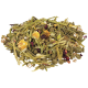 Pile of small pet food mix: hay stalks, green pellets, dried fruit pieces, flower petals and popcorn kernels.