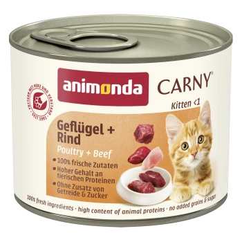 Boîte de nourriture humide Animonda CARNY pour chaton — étiquette 'Volaille + Bœuf (Geflügel + Rind)', photo d'un chaton orange, '100 % d'ingrédients frais'