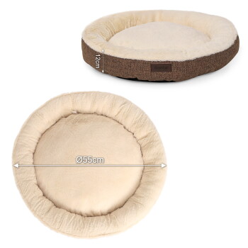 Rundes cremefarbenes Plüsch-Tierbett mit braunem Außenrand, Drauf- und Seitenansichten mit Maßen 'Ø55cm' und '12cm'.
