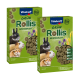 Zwei Boxen Vitakraft Grün Rollis Wiesenfutter für Kleintiere, die einen Hasen und Meerschweinchen zeigen und hohen Ballaststoffgehalt sowie Zahnpflege betonen.