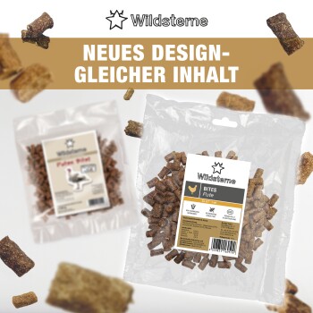 Wildsterne Klarsichtbeutel 'BITES Pute' Tierleckerlis mit verstreutem Futter und Banner 'NEUES DESIGN GLEICHER INHALT'.