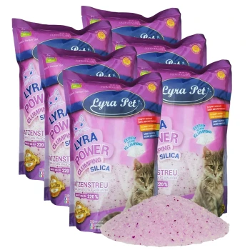 Lyra Power Silica Silikat klumpend Katzenstreu 30 l Sechs Säcke Lyra Pet Power Klumpstreu aus Silica, mit einem rosa Design und einem Katzenbild, mit einem Haufen Streu davor.