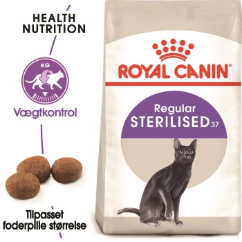 Royal Canin Regular Sterilised Katzenfutterbeutel mit Krokettenstücken, ausgestattet mit Gesundheitsnahrungs- und Gewichtskontrollsymbolen, in dänischem Text.