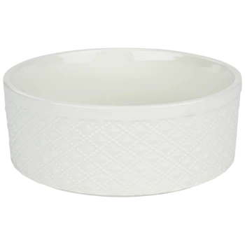 White ceramic pet food bowl with a textured diamond pattern on the exterior.
